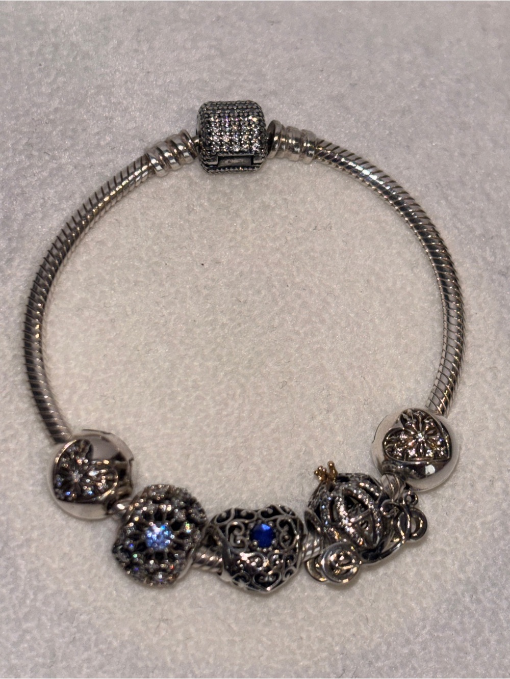 Pandora Silver Sparkling Charm Bracelet with Disney Cinderella Charms✨